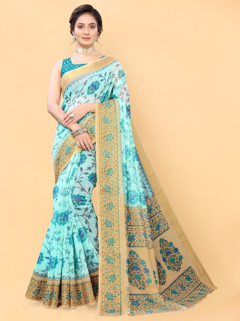 

Viva N Diva Turquoise Blue & Beige Floral Khadi Saree