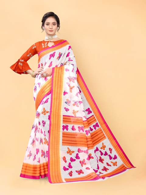 

Viva N Diva White & Orange Floral Saree