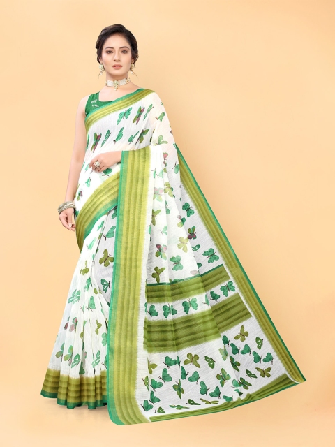 

Viva N Diva White & Green Floral Khadi Saree
