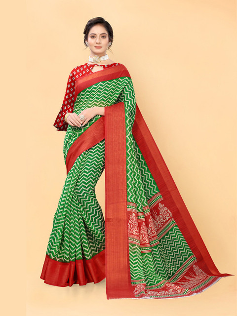 

Viva N Diva Green & Red Striped Zari Saree