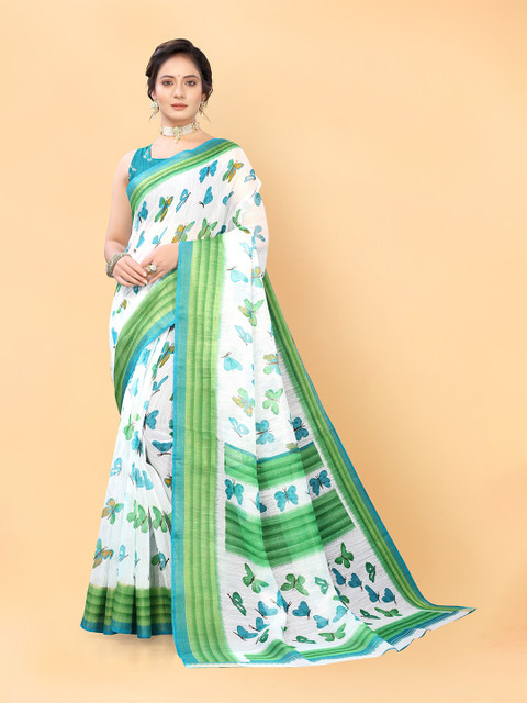 

Viva N Diva White & Green Printed Cotton Blend Saree