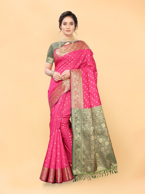 

Viva N Diva Pink & Gold-Toned Ethnic Motifs Zari Silk Blend Kanjeevaram Saree