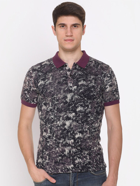 

Obaan Men Navy Blue & Off White Printed Pure CottonPolo Collar T-shirt