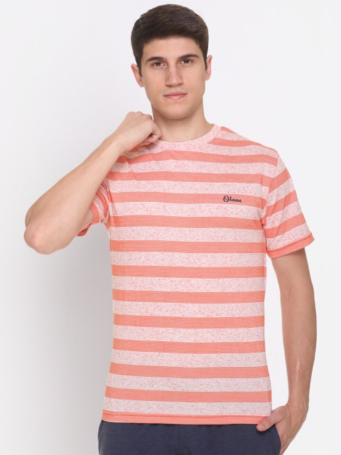 

Obaan Men Orange & Pink Striped Round Neck T-shirt