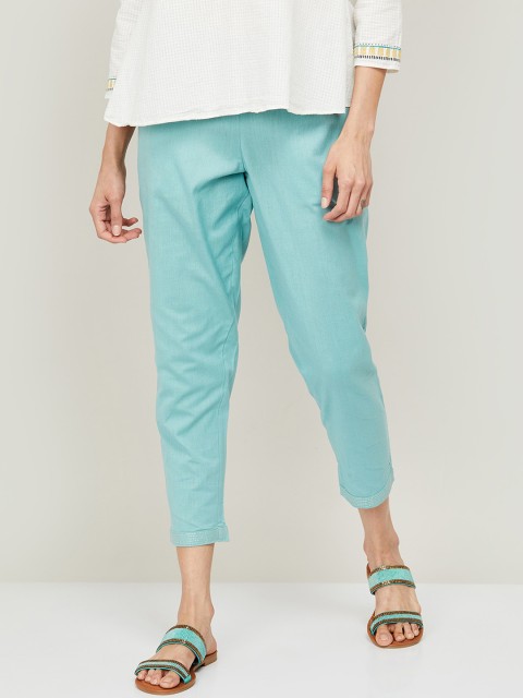 

Melange by Lifestyle Women Turquoise Blue Cropped Cigerette Trousers