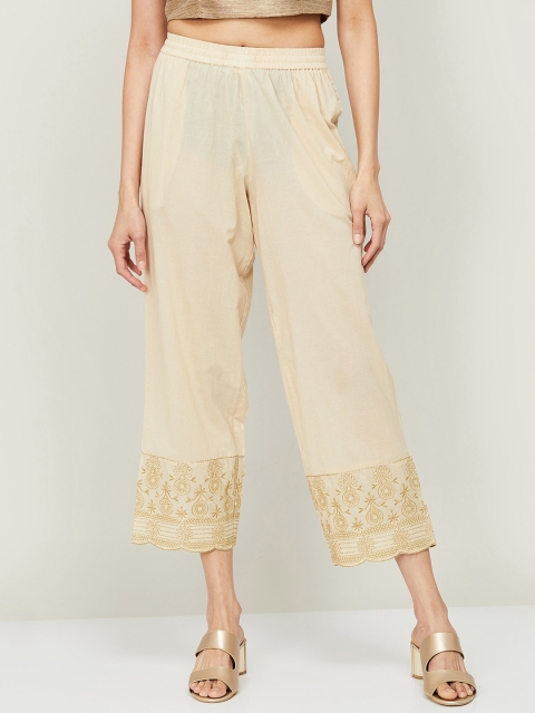 

Melange by Lifestyle Women Beige & Gold-Toned Ethnic Motifs Embroidered Cropped Palazzos