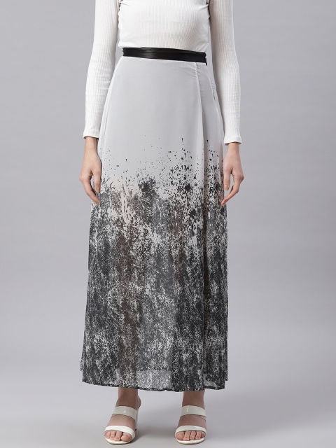 

I AM FOR YOU Women Off-White & Grey Abstract Print High Slit Maxi Skirt