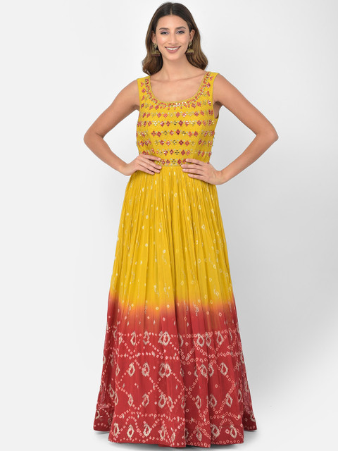 

Neerus Women Mustard Yellow Ethnic Motifs Embroidered Empire Mirror Work Kurta with Skirt & With Dupatta