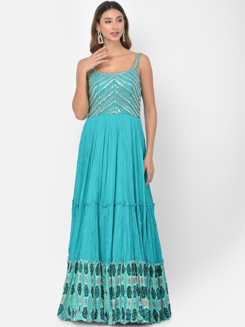 

Neerus Women Green Floral Embroidered Pleated Mirror Work Kurta with Trousers & With Dupatta