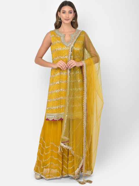 

Neerus Women Mustard Yellow Embroidered Regular Sequinned Kurta with Palazzos & Dupatta