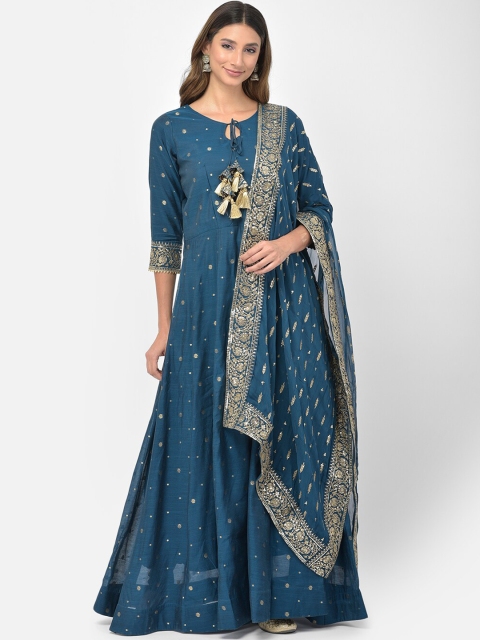 

Neerus Women Blue Ethnic Motifs Regular Chanderi Silk Kurta with Trousers & Dupatta