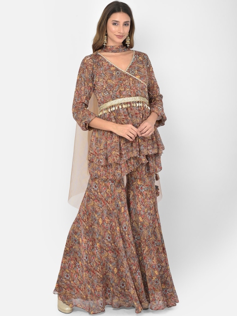 

Neerus Women Brown Ethnic Motifs Printed Angrakha Kurta with Palazzos