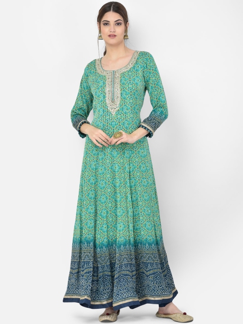 

Neerus Women Sea Green Floral Printed Pleated Kurta with Trousers & Dupatta