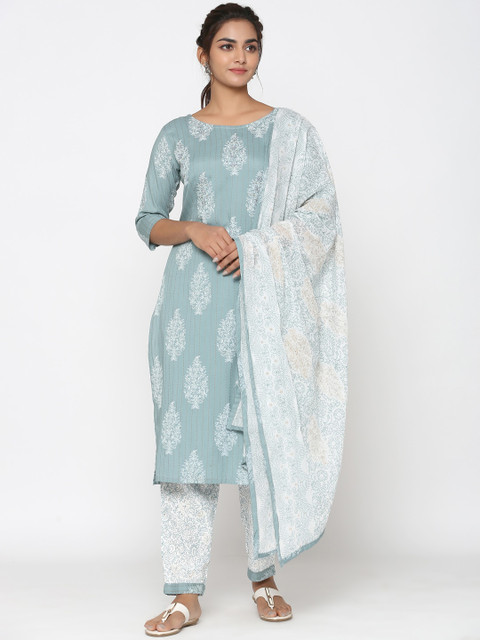 

UNISETS Women Grey & White Ethnic Motifs Printed Thread Work Kurta with Salwar & Dupatta