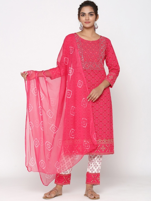 

UNISETS Women Red Ethnic Motifs Embroidered Regular Kurta with Trousers & Dupatta