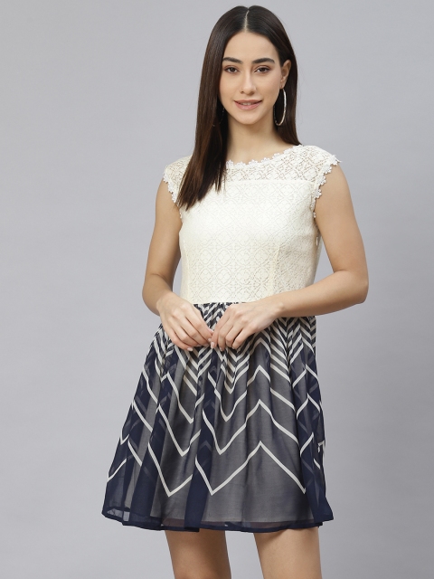 

RIVI White & Navy Blue Lace Insert Georgette Dress