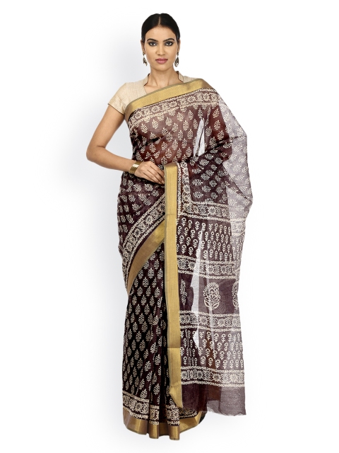 

Kalakari India Charcoal Grey Sanganeri Block Print Cotton & Supernet Traditional Handloom Saree