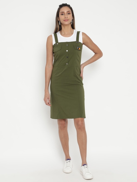 

V2 Value & Variety White & Olive Green Solid Shoulder Straps Pinafore Dress