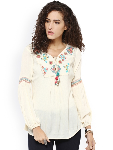 

Taurus Women Off-White Solid Regular Top with Embroidered Detail
