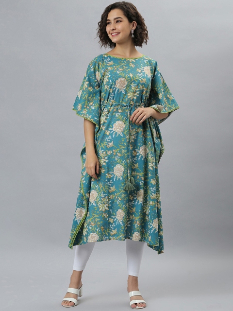 

Janasya Women Blue Printed Flared Sleeves Floral Kaftan Kurta