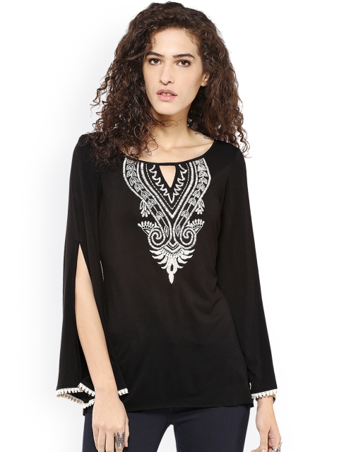 

Taurus Women Black Solid Regular Top with Embroidered Detail