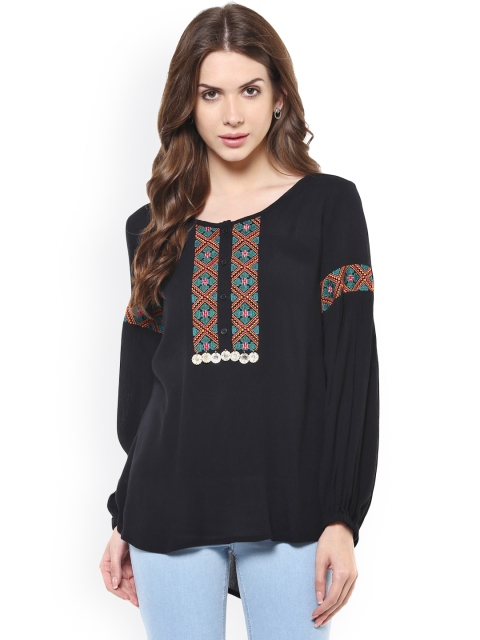 

Taurus Women Black Solid Regular Top with Embroidered Detail