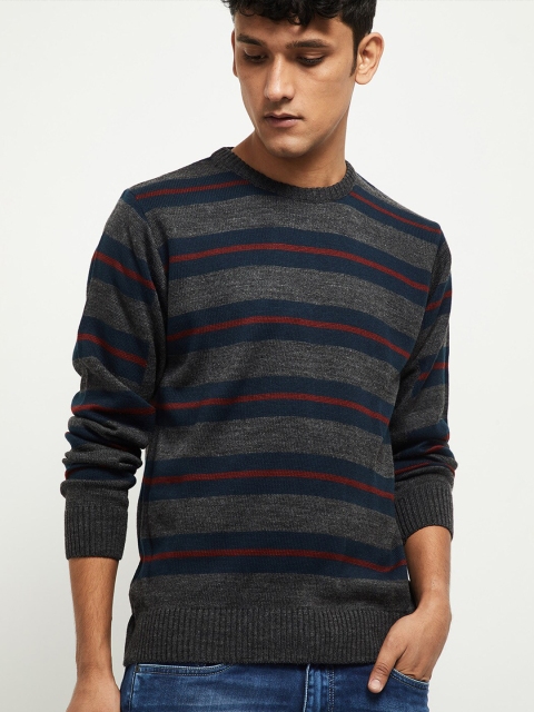 

max Men Navy Blue & Grey Striped Pure Acrylic Pullover
