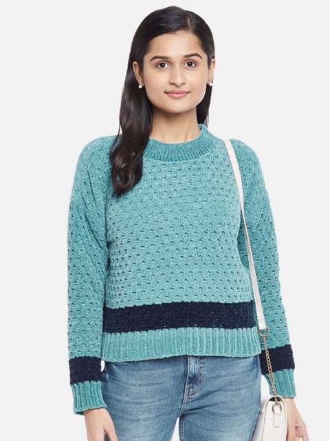 

People Women Blue & Black Open Knit Pure Wool Pullover