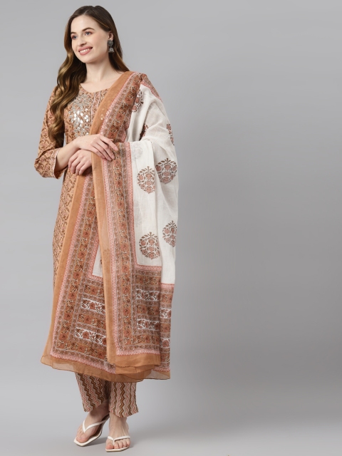 

Readiprint Fashions Women Beige & Brown Ethnic Printed Cotton Kurta Set & Dupatta