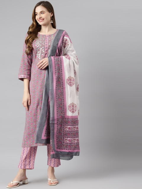 

Readiprint Fashions Women Grey & Pink Ethnic Printed Cotton Kurta with Trousers & Dupatta