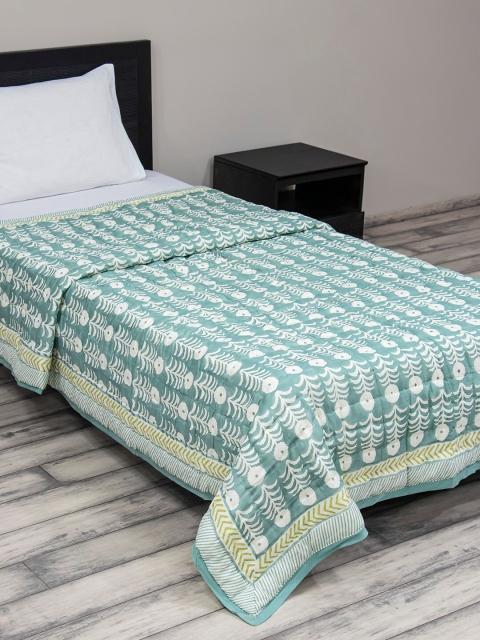 

Fabindia Teal & White Floral Printed Summer 400 GSM Single Bed Quilt