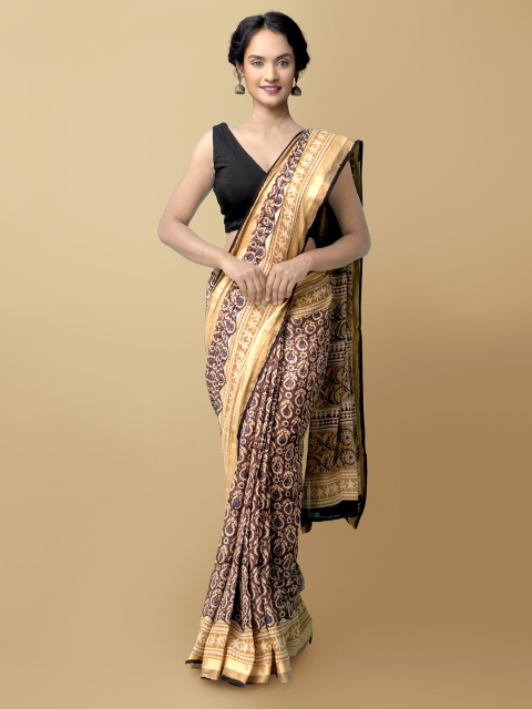 

Unnati Silks Burgundy & Gold-Toned Woven Design Pure Cotton Bagru Saree