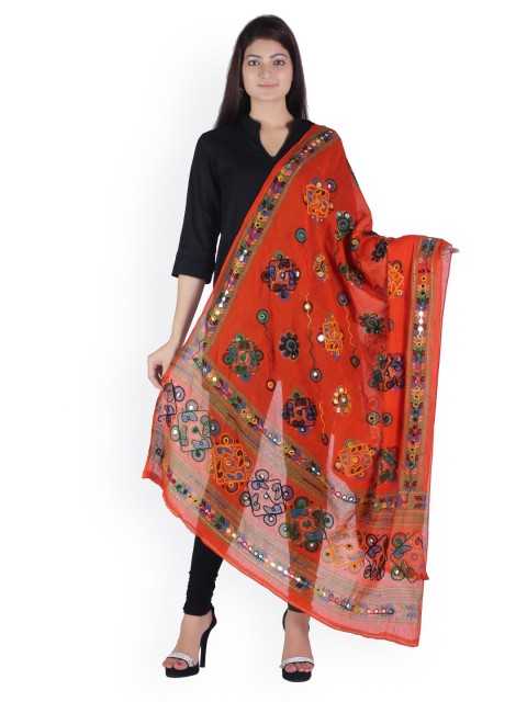 

SOUNDARYA Orange Kantha Embroidered Dupatta