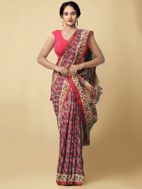 

Unnati Silks Red & Grey Floral Zari Silk Cotton Preet Bagru Saree