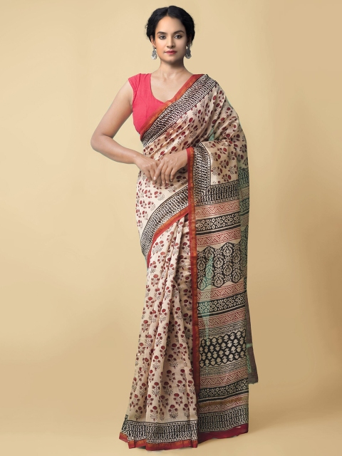 

Unnati Silks Beige & Grey Ethnic Motifs Silk Cotton Bagru Saree