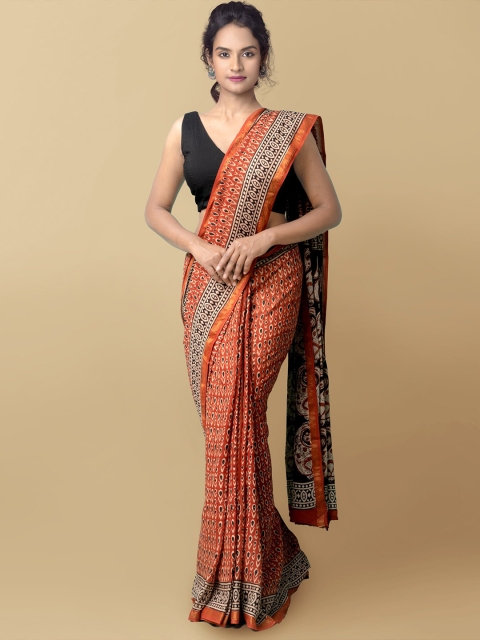 

Unnati Silks Orange & Black Paisley Pure Cotton Bagru Saree