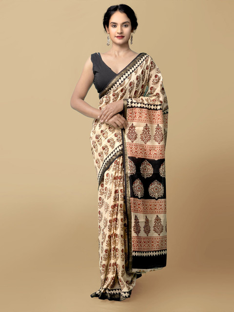 

Unnati Silks Beige & Black Dabu Zari Pure Cotton Bagru Saree