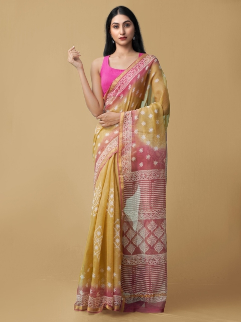 

Unnati Silks Brown & Pink Ethnic Motifs Printed Zari Pure Cotton Kota Saree