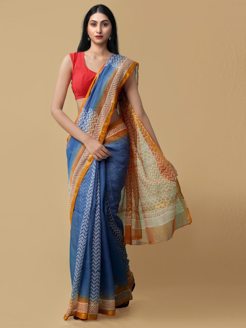 

Unnati Silks Blue & Rust Hand Block Printed Zari Pure Cotton Kota Saree