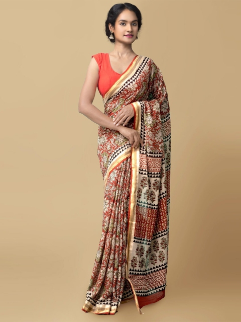 

Unnati Silks Red & Gold Ethnic Motifs Zari Pure Cotton Bagru Saree