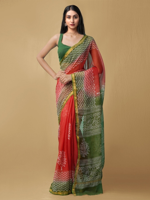 

Unnati Silks Red & Green Floral Zari Pure Cotton Kota Saree