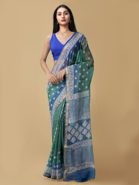 

Unnati Silks Green & Blue Woven Design Zari Pure Cotton Kota Saree