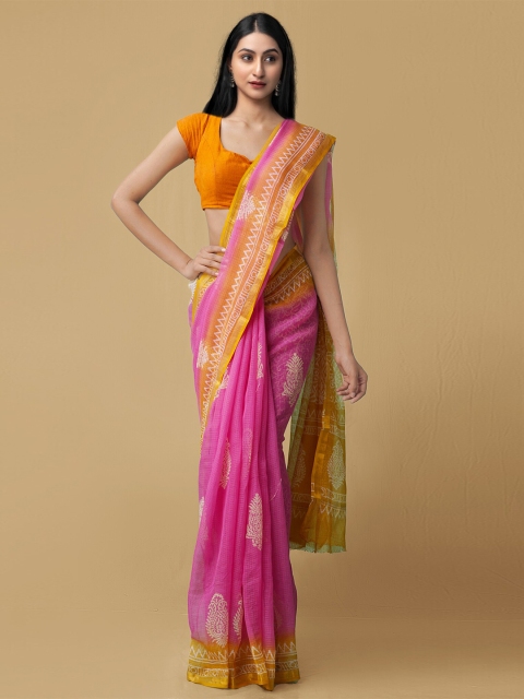 

Unnati Silks Pink & Orange Ethnic Motifs Zari Pure Cotton Kota Saree