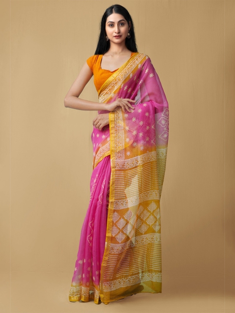 

Unnati Silks Pink & Orange Ethnic Motifs Zari Pure Cotton Kota Saree