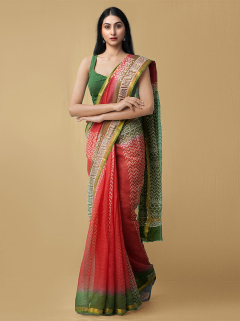 

Unnati Silks Red & Green Hand Block Printed Zari Pure Cotton Kota Saree