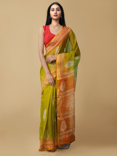 

Unnati Silks Green & Orange Woven Design Zari Pure Cotton Kota Saree
