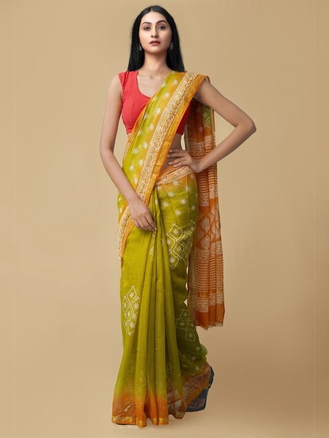 

Unnati Silks Green & Orange Ethnic Motifs Zari Pure Cotton Kota Saree