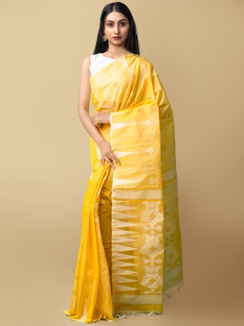 

Unnati Silks Yellow & White Ethnic Motifs Pure Silk Jamdani Saree