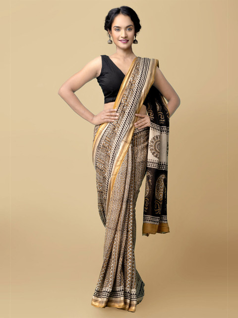 

Unnati Silks Beige & Black Floral Zari Pure Cotton Bagru Saree