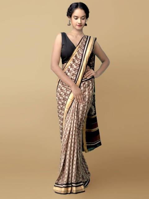 

Unnati Silks Beige & Black Ethnic Motifs Zari Pure Cotton Bagru Saree